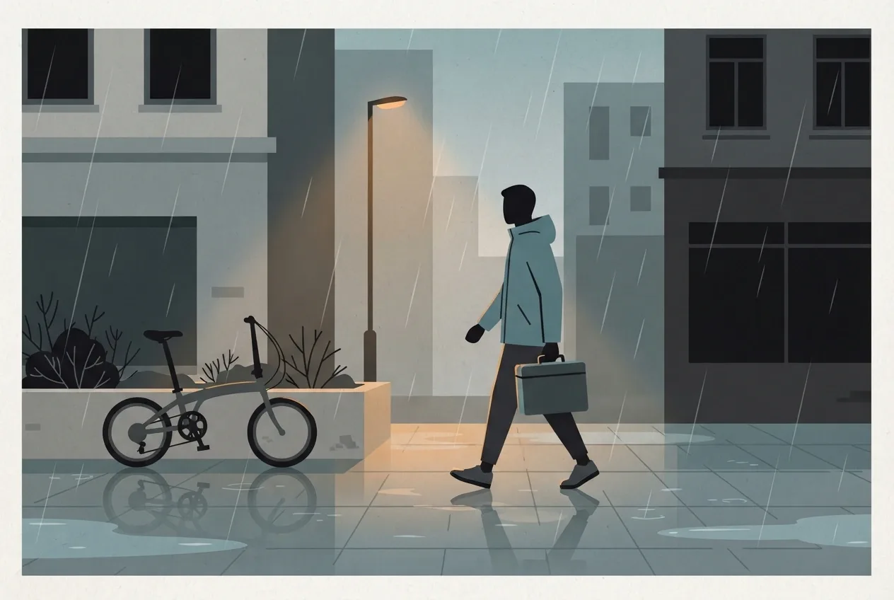 Minimalist graphic courier character carrying a delivery case in a rainy pedestrian district beside a folded bicycle and reflective puddles.