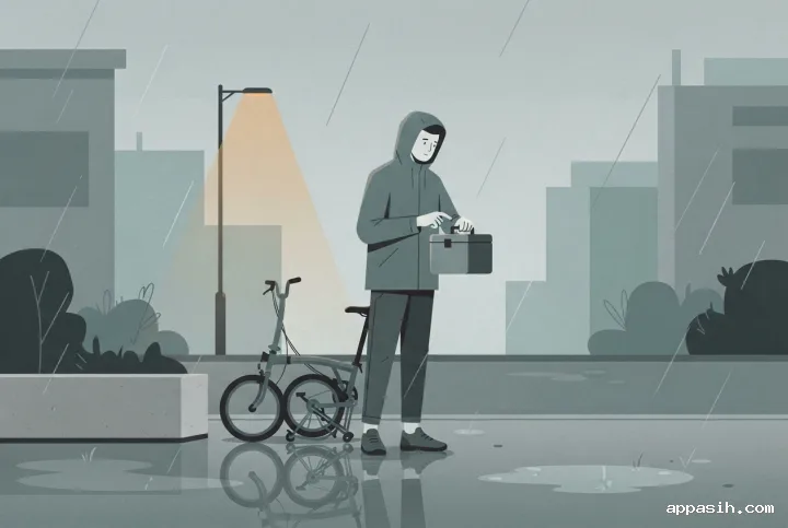 Minimalist graphic courier character pausing beside a folded bicycle in the same rainy urban pedestrian district, holding a delivery case under soft amber streetlamp light.