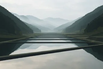Minimalist graphic mountain valley with geometric terraced water pools, soft morning mist, muted green slopes, and layered distant ridges.
