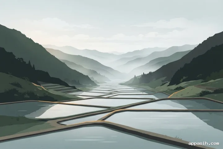 Wide minimalist graphic view of a misty mountain valley with repeating geometric terraced water pools, muted slopes, soft reflections, and subtle amber morning light.