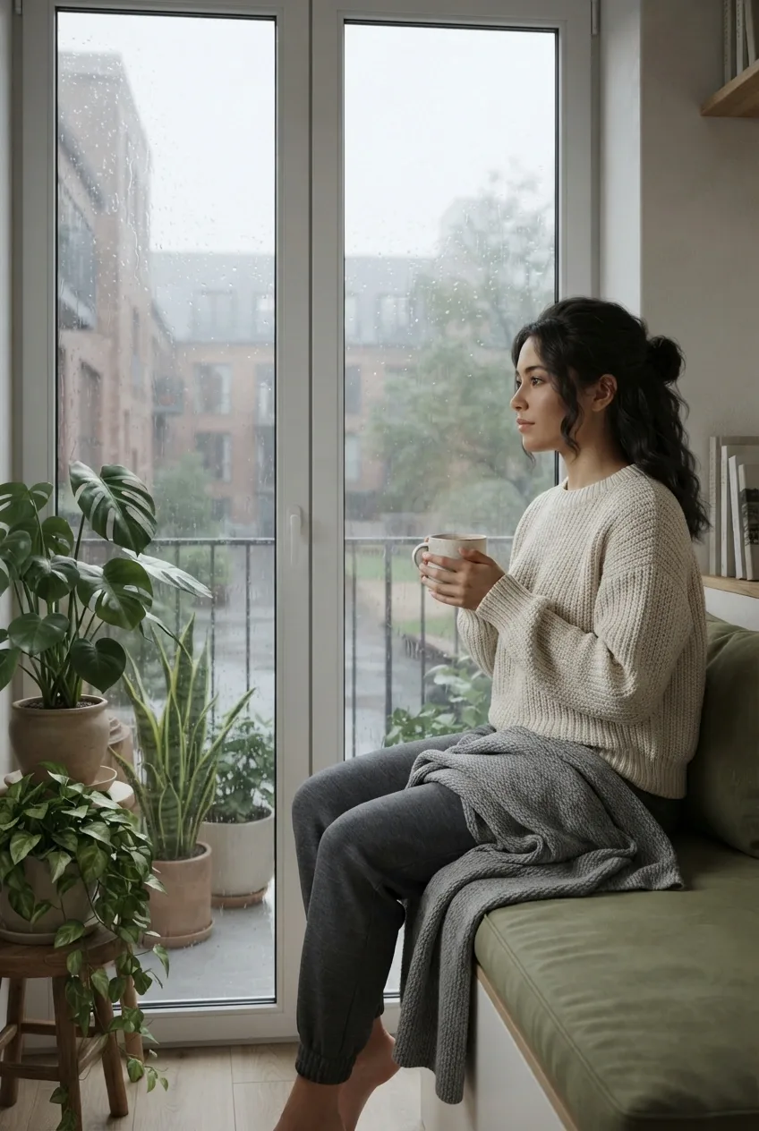 3D Render of a young adult holding warm tea beside a rainy apartment balcony with indoor plants and a knitted blanket.