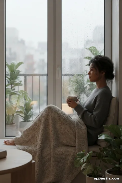 Detailed 3D Render of a young adult holding steaming tea beside the same rainy apartment balcony, knitted blanket, and indoor plants.