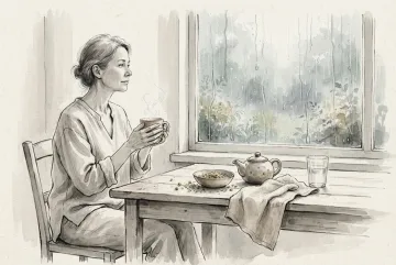 Ink wash drawing of a person preparing herbal tea at a wooden table beside a rain-streaked window during a quiet wellness ritual.