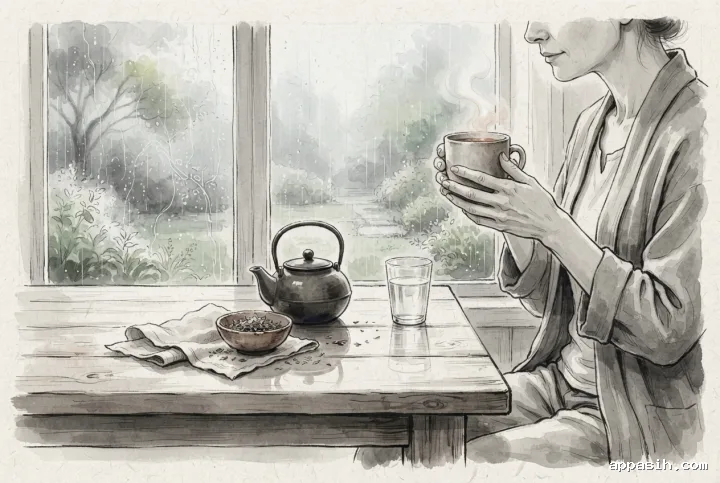Detailed ink wash drawing of a person lifting a steaming cup of herbal tea beside a rainy window during a peaceful mindfulness and wellness routine.
