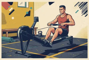 Indoor rowing athlete exercising on a rowing machine in a retro fitness studio illustrated with bold Pop Art halftone textures and graphic shadows.