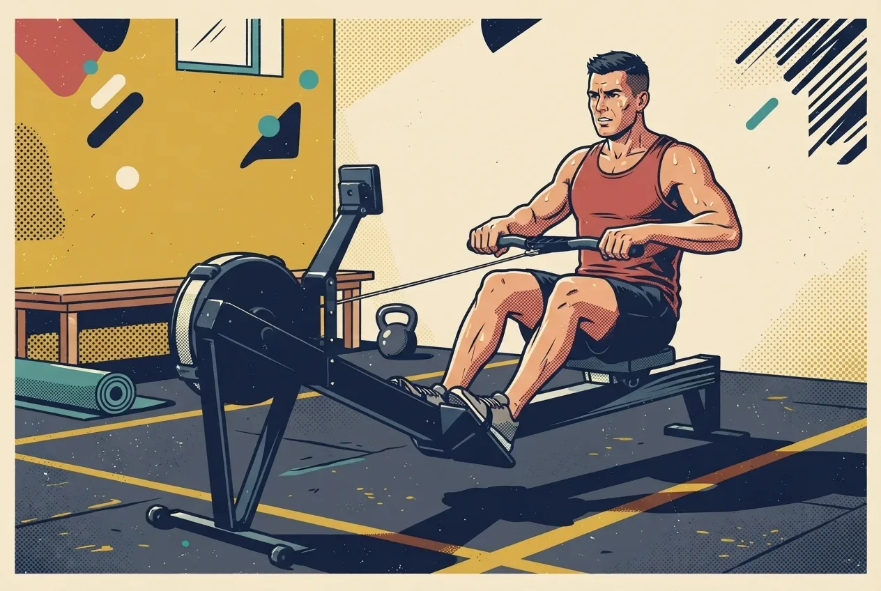 Indoor rowing athlete exercising on a rowing machine in a retro fitness studio illustrated with bold Pop Art halftone textures and graphic shadows.