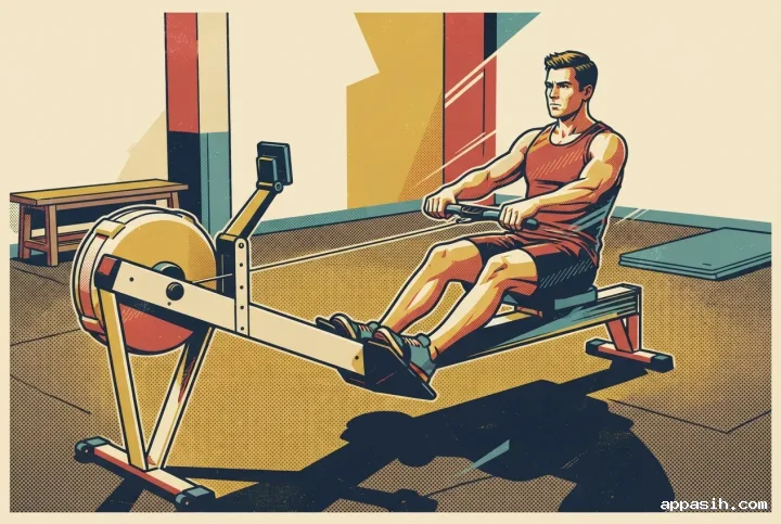Indoor rowing athlete completing a powerful stroke in the same retro fitness studio, shown in a wider Pop Art composition with halftone printing, bold geometric shadows, and warm graphic colors.