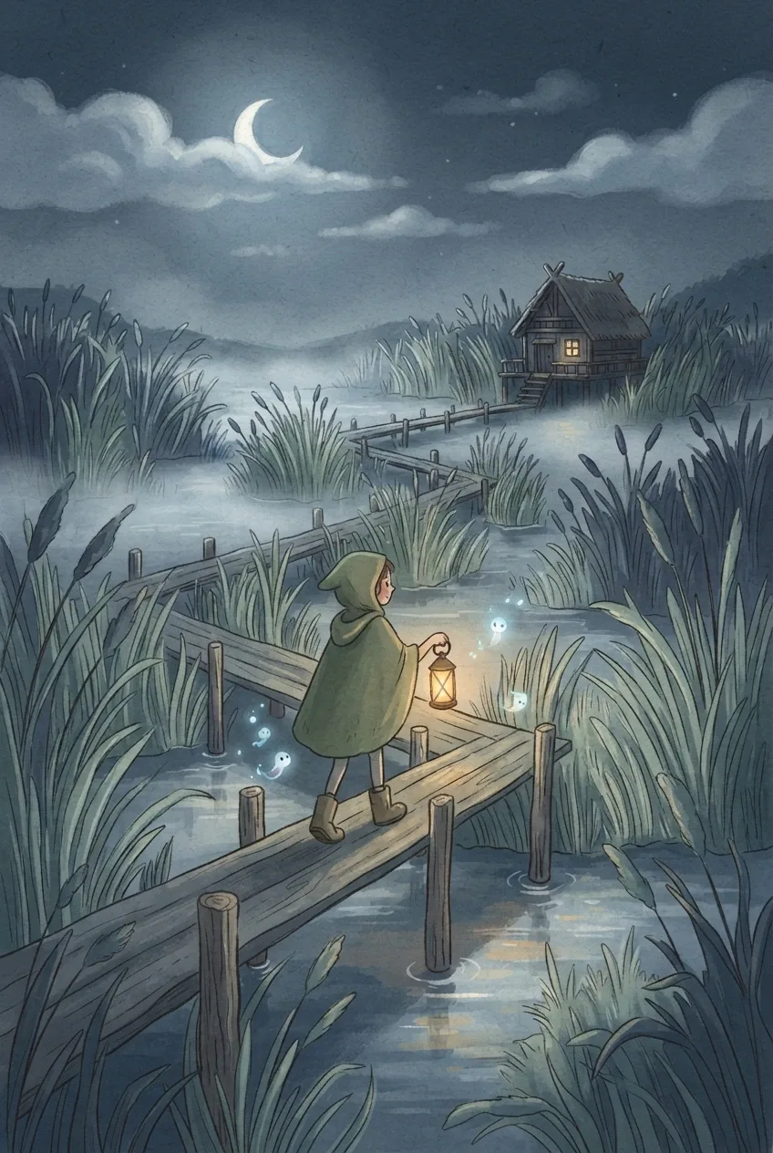 Young lantern keeper walking across a moonlit reed marsh with glowing spirits and a distant stilt cottage in a storybook illustration.