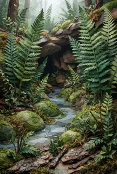 Mixed Media fern grotto with Origami Style folded-paper fronds, mossy stones, rain droplets, and a narrow woodland stream under soft post-rain light.