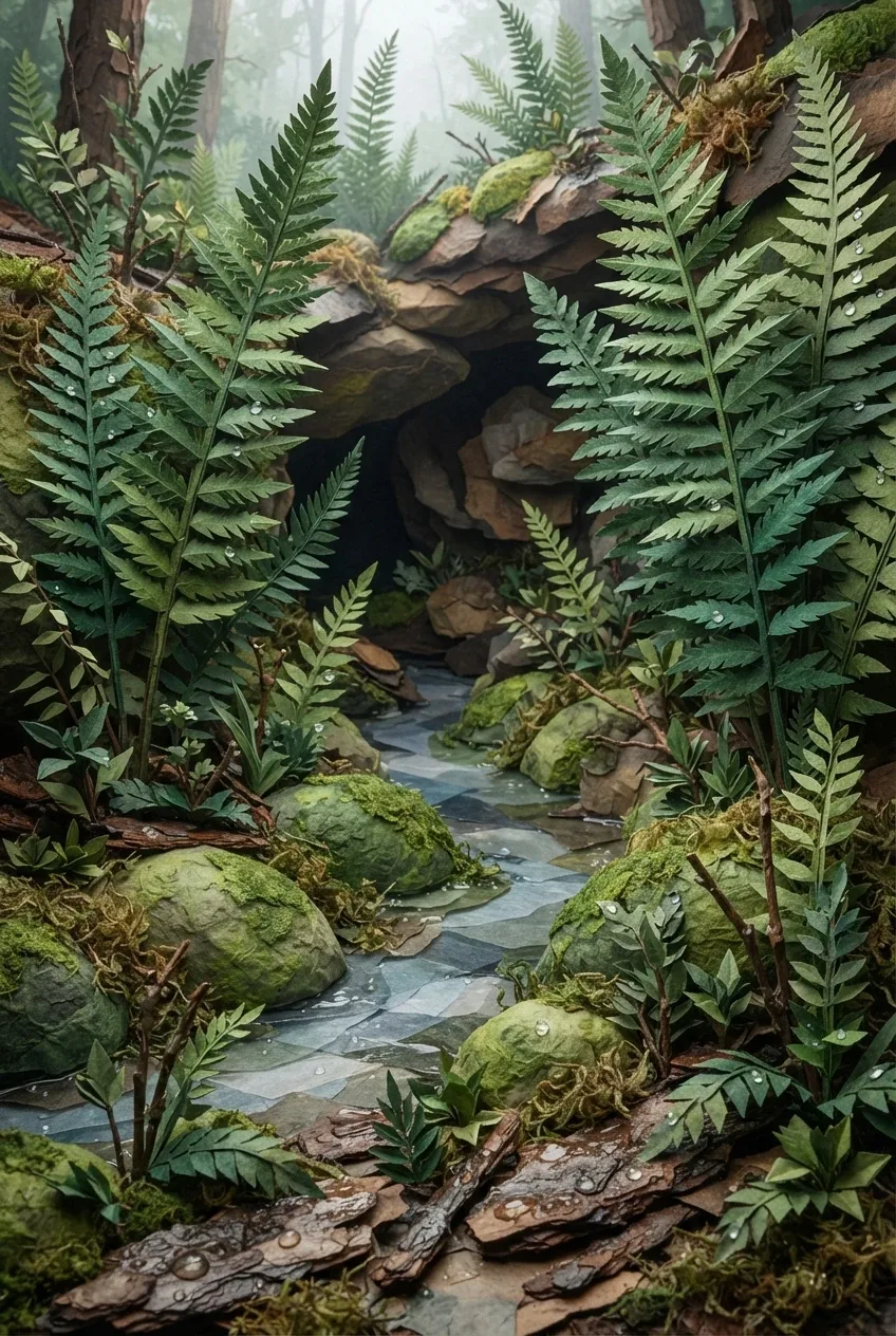 Mixed Media fern grotto with Origami Style folded-paper fronds, mossy stones, rain droplets, and a narrow woodland stream under soft post-rain light.