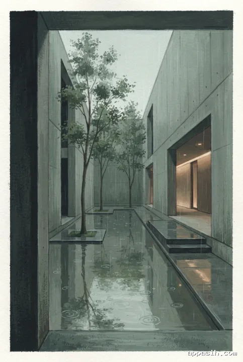 Detailed gouache painting of the same rainy concrete courtyard atrium viewed from a sheltered passage, with a central reflecting pool, slender trees, and warm recessed light.