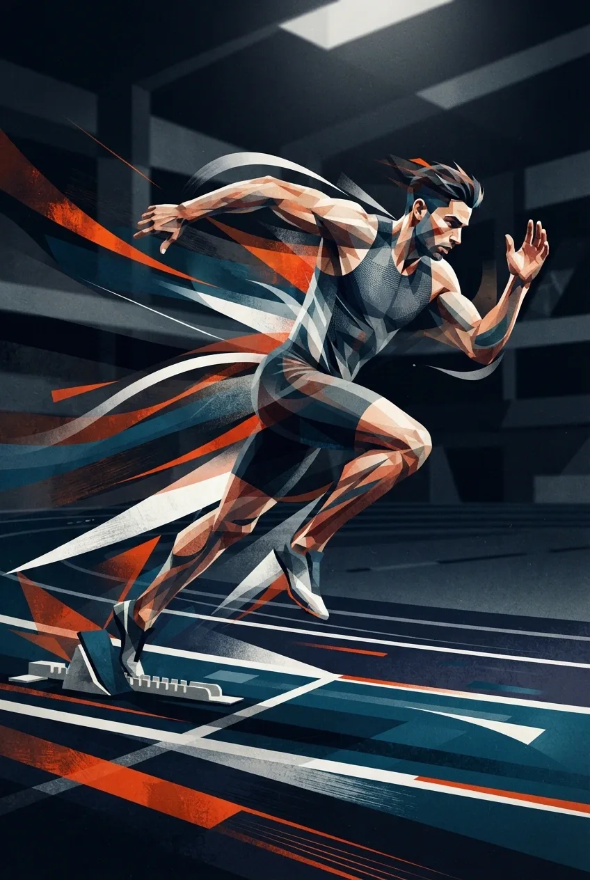 Abstract graphic sprinter launching from starting blocks on a stylized indoor track with geometric motion shapes and dramatic overhead lighting.