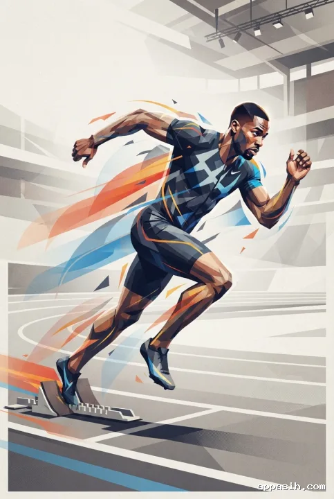 Abstract graphic sprinter taking the first powerful stride from starting blocks on an indoor track, shown from a closer low three-quarter angle with layered geometric motion forms.