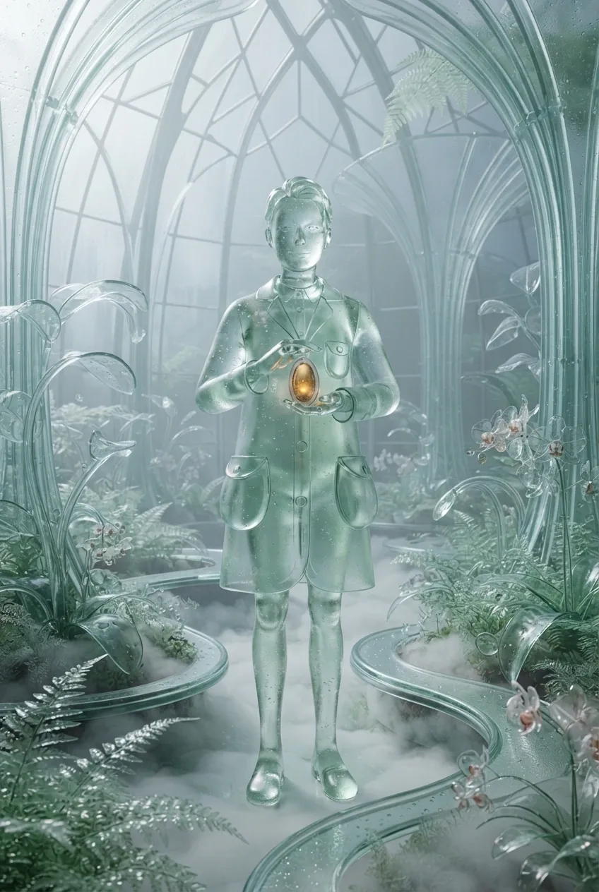 Translucent glass botanist character holding a glowing amber seed capsule inside a misty crystalline conservatory.