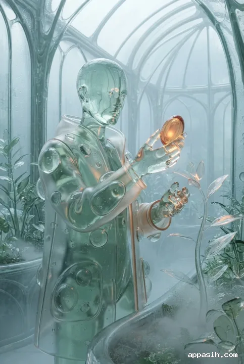 Translucent glass botanist character examining a glowing amber seed capsule beside a transparent sprout in a misty crystalline conservatory.