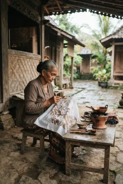 Javanese batik artisan applying wax to cloth with a copper canting inside a rainy traditional timber workshop.
