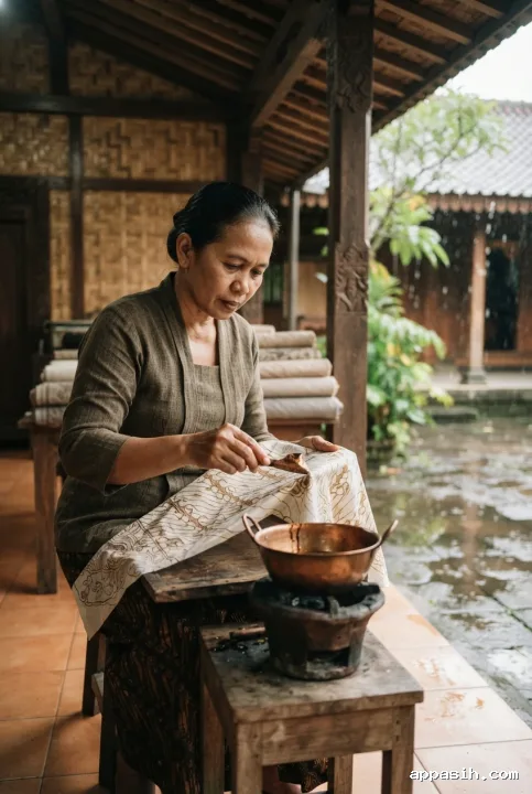 Closer cinematic view of a Javanese batik artisan guiding a copper canting across cloth inside the same rain-washed heritage workshop.