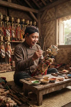 3D cartoon Javanese artisan painting a traditional wayang golek puppet inside a warm wooden heritage workshop.