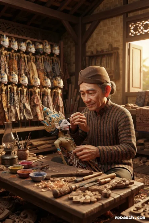 Detailed 3D cartoon view of a Javanese artisan painting a wayang golek puppet at a wooden workbench surrounded by traditional puppets and carving tools.