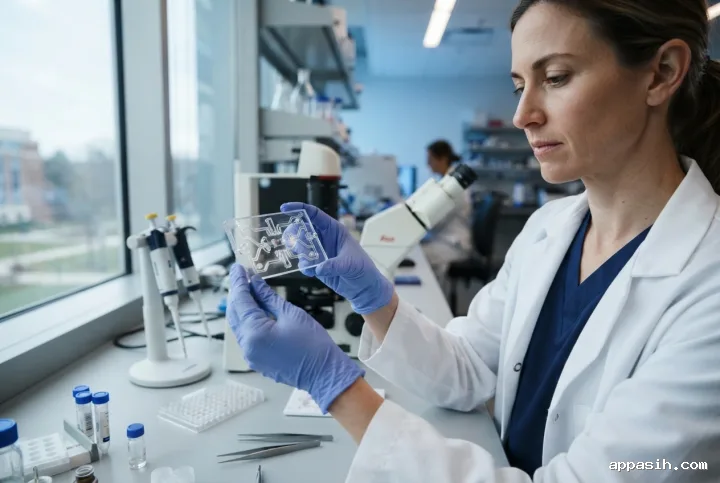 Scientist closely inspecting a transparent lung organoid microfluidic chip beside a microscope in a biomedical research laboratory.