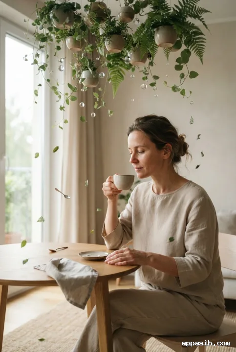 Closer surreal portrait of a woman lifting a tea cup beneath the same floating indoor garden in a calm contemporary living room.