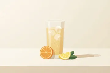 Minimalist graphic citrus sparkling drink in a tall glass with orange and lemon slices, ice cubes, geometric shapes, and soft studio shadows.