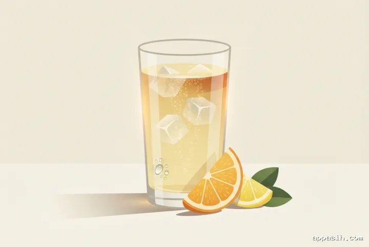 Minimalist graphic citrus sparkling drink viewed from a slightly lower three-quarter angle with orange and lemon slices, ice cubes, condensation, and soft geometric shadows.