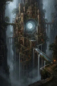 Fantasy cliff monastery surrounding a glowing moonwell with stone aqueducts, waterfalls, bridges, and terraces descending into a misty ravine.