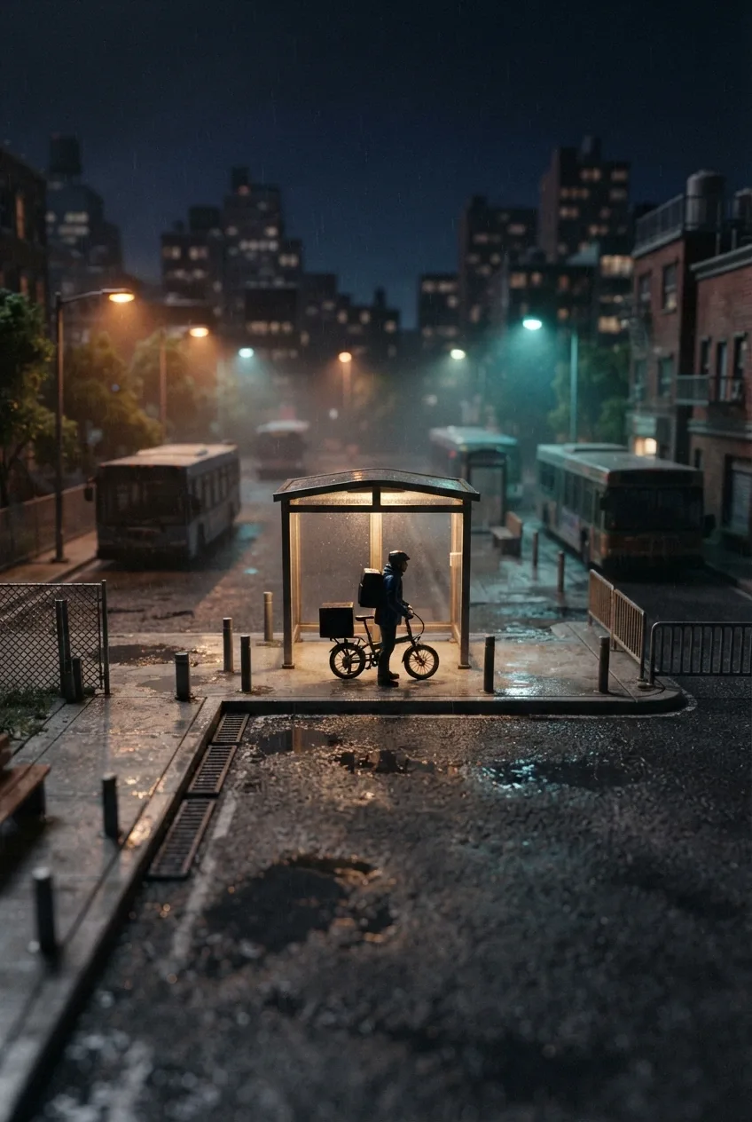 A bicycle courier waiting beside a tiny shelter at a rainy nighttime transit hub with miniature buses and reflective city lights in detailed 3D tilt-shift style.
