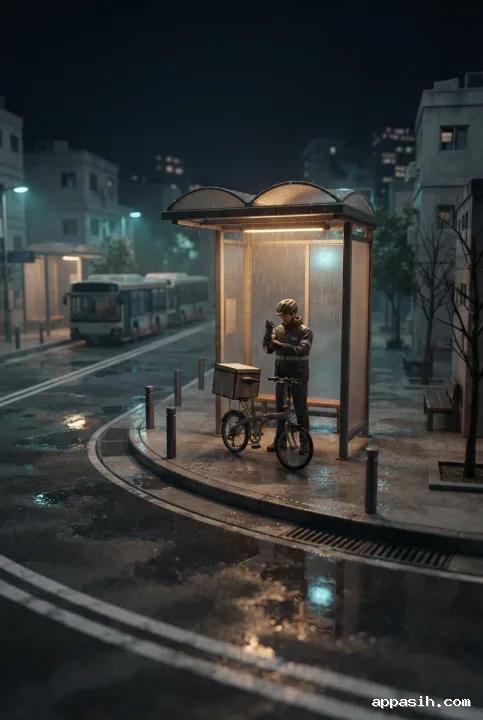 A lone bicycle courier adjusts a glove beneath a lit shelter at the same rainy miniature transit hub, with tiny buses, wet streets, and amber-cyan reflections in detailed 3D tilt-shift style.