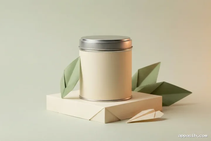 Closer three-quarter view of a matte cylindrical tea tin with green origami tea leaves and layered cream paper folds under soft studio lighting.