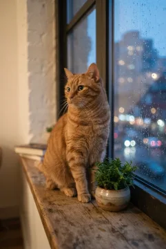 Photorealistic 3D portrait of a ginger cat sitting beside a rain-covered apartment window with a small green plant and blurred city lights outside.