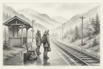 Pencil sketch of two travelers with luggage waiting on a rainy mountain railway platform beside wet tracks and mist-covered peaks.