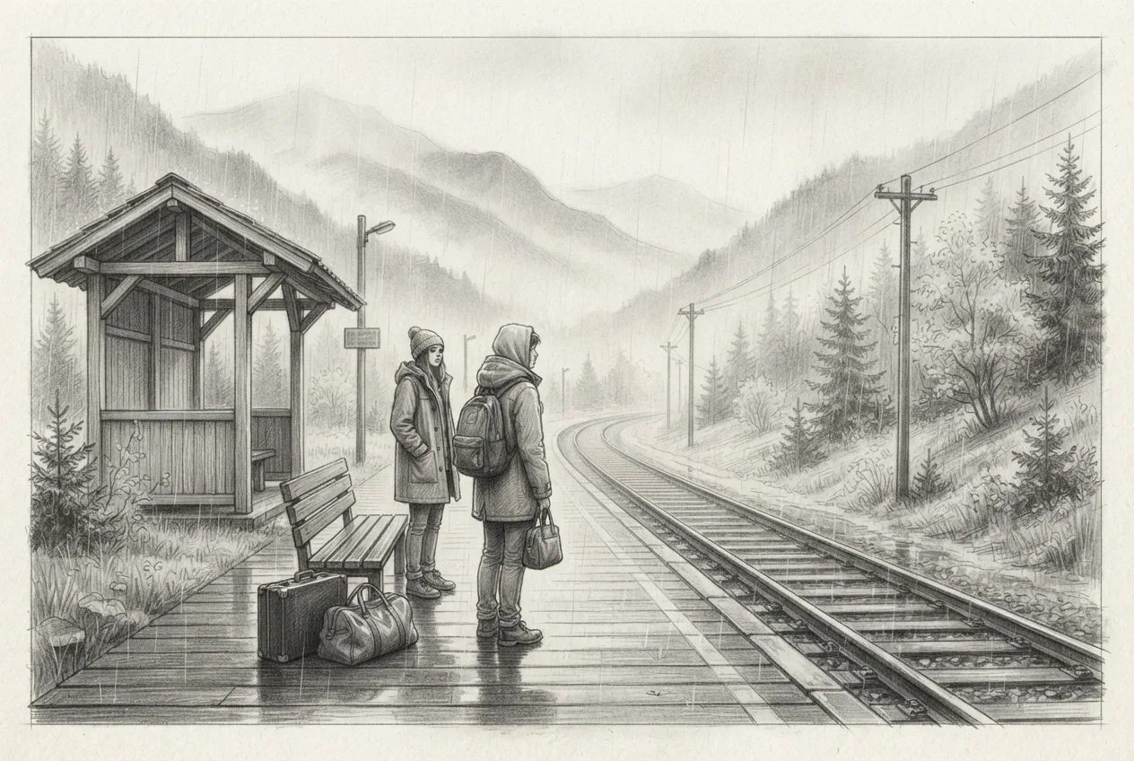 Pencil sketch of two travelers with luggage waiting on a rainy mountain railway platform beside wet tracks and mist-covered peaks.