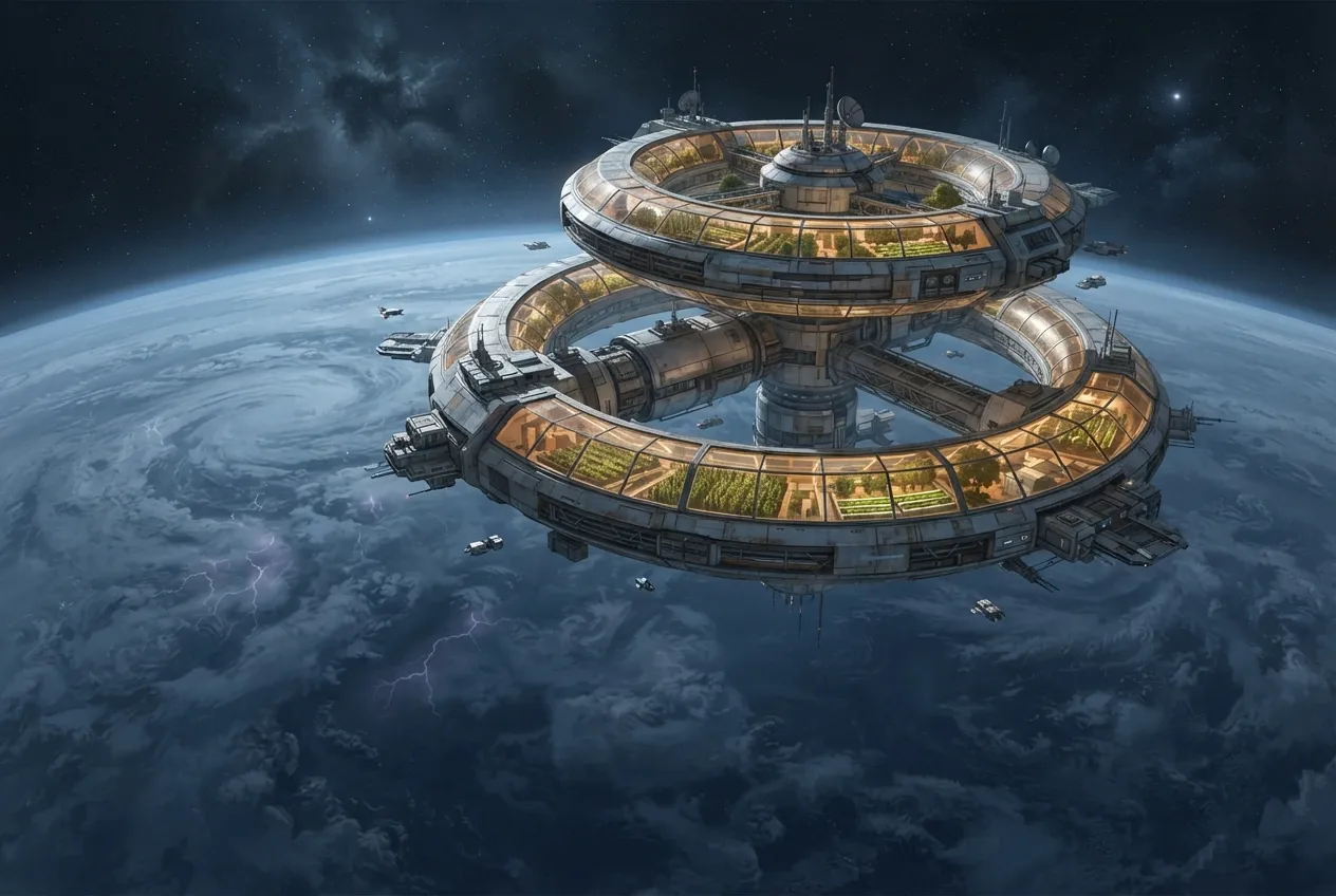 Futuristic orbital greenhouse outpost with circular agricultural habitat rings above a storm-covered exoplanet.