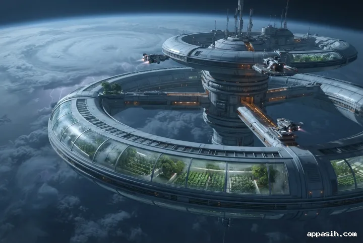 Closer three-quarter view of a futuristic orbital greenhouse outpost with illuminated agricultural rings above a stormy exoplanet.