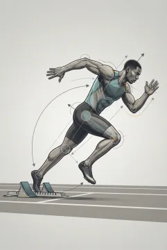 Technical illustration of a sprinter launching from starting blocks with biomechanical joint guides, force arrows, motion arcs, and acceleration posture.