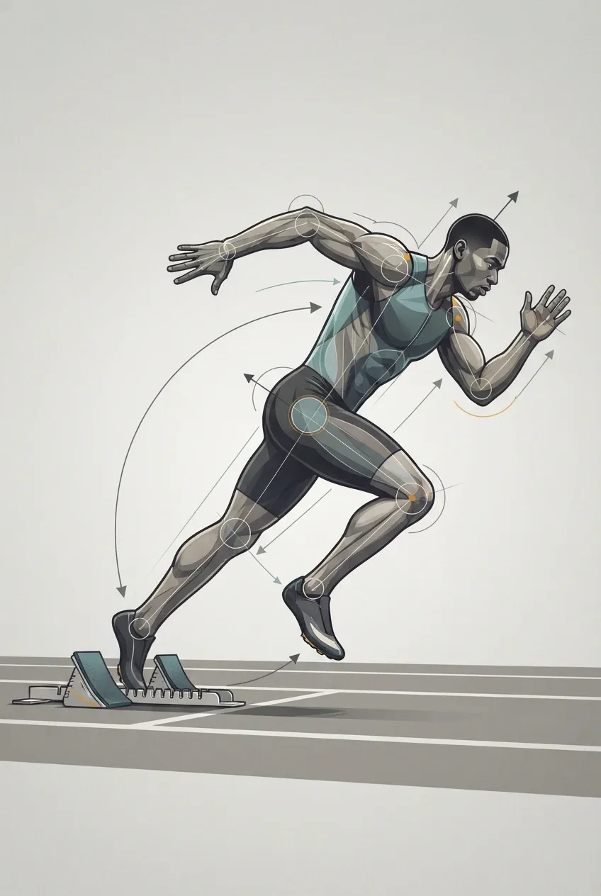 Technical illustration of a sprinter launching from starting blocks with biomechanical joint guides, force arrows, motion arcs, and acceleration posture.
