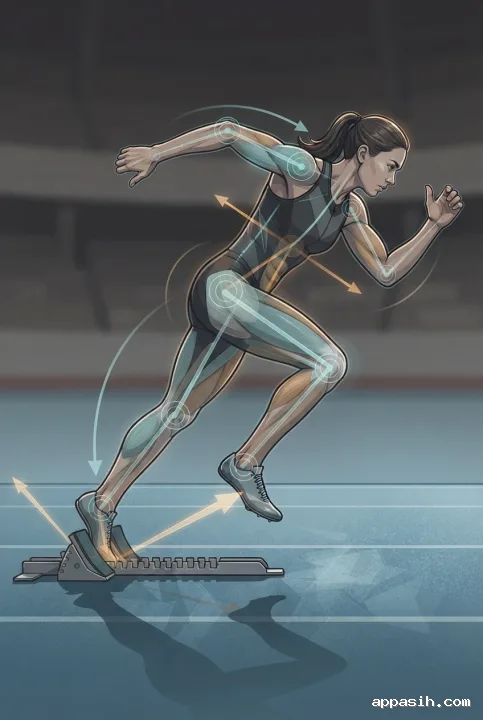 Detailed technical illustration of a sprinter in the first drive phase after leaving starting blocks, with joint markers, muscle activation overlays, motion arcs, and force vectors.