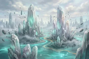 Abstract fantasy crystal archipelago with translucent monoliths, floating stones, luminous teal currents, and silver mist.