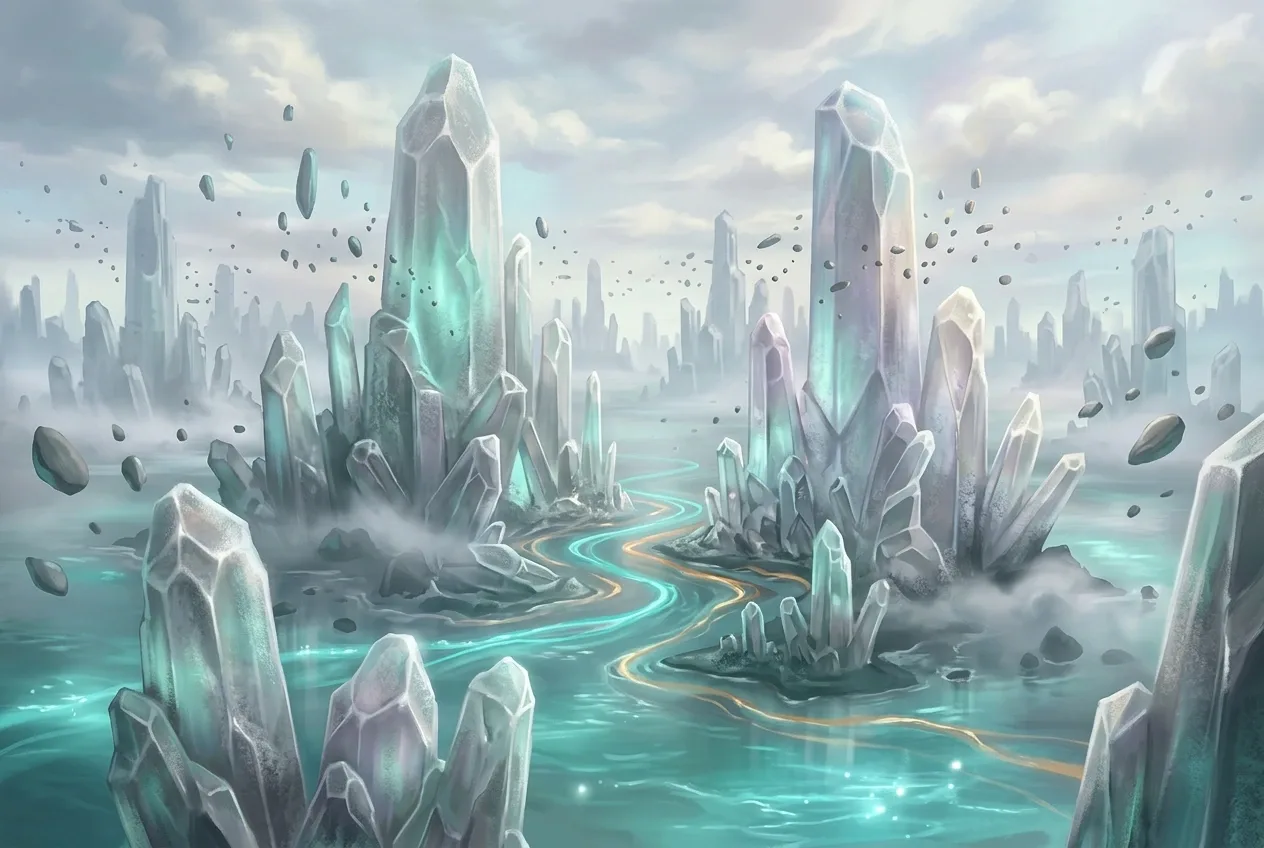 Abstract fantasy crystal archipelago with translucent monoliths, floating stones, luminous teal currents, and silver mist.