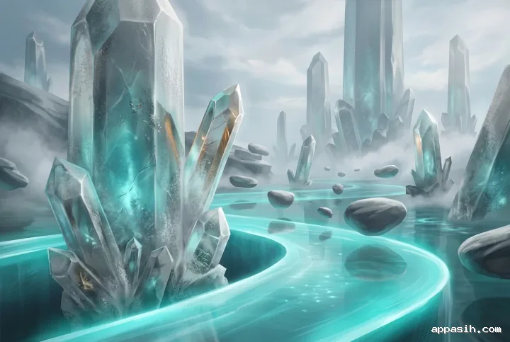 Wide fantasy concept art of a crystal archipelago with glowing teal waterways, floating stones, translucent mineral towers, amber refractions, and layered mist.