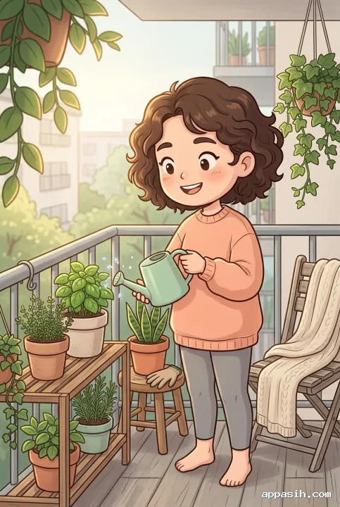 Closer chibi view of a young adult watering basil and leafy balcony plants in warm morning light on a cozy apartment balcony.