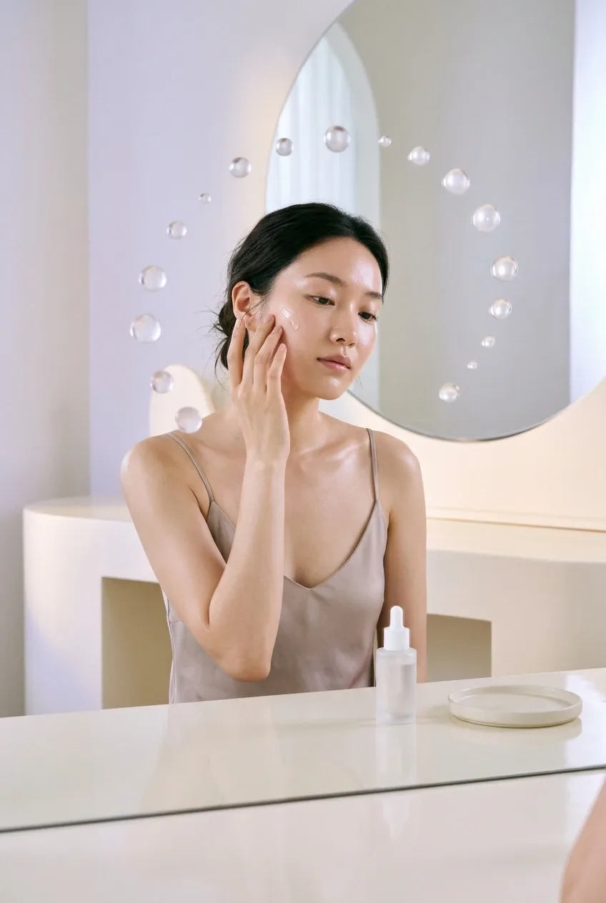 Surreal beauty model applying facial serum while translucent pearl-like droplets float around her face above a reflective vanity.