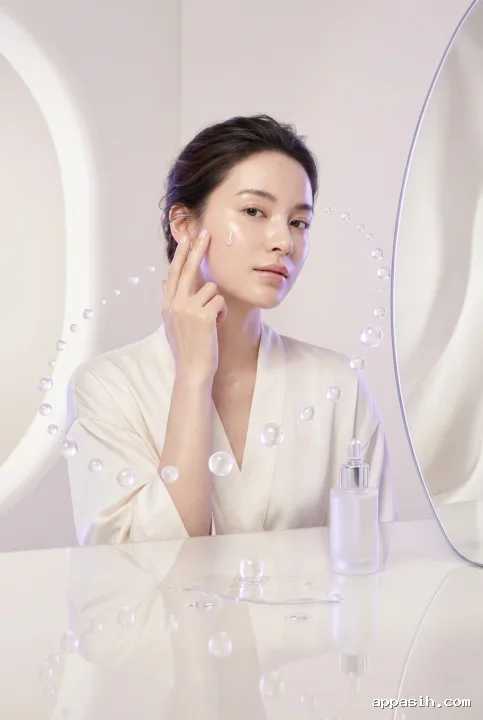 Surreal close beauty scene of a model holding facial serum near her cheek as pearl-like droplets float beside a curved mirror and reflective vanity.