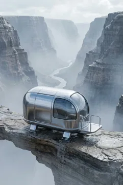 Chrome travel capsule on a cliffside overlook above a misty canyon in reflective metallic 3D.