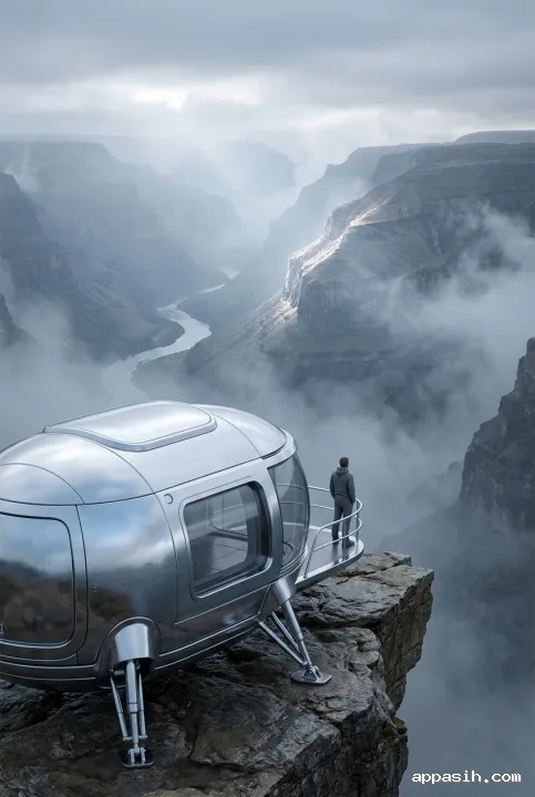 Closer view of the same chrome travel capsule and lone traveler overlooking a misty canyon in metallic 3D.