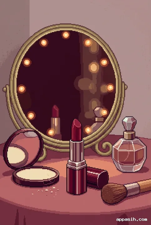 Closer three-quarter view of a ruby-red lipstick, powder compact, blush brush, and perfume bottle on the same warm vintage vanity in Retro Pixel Art.