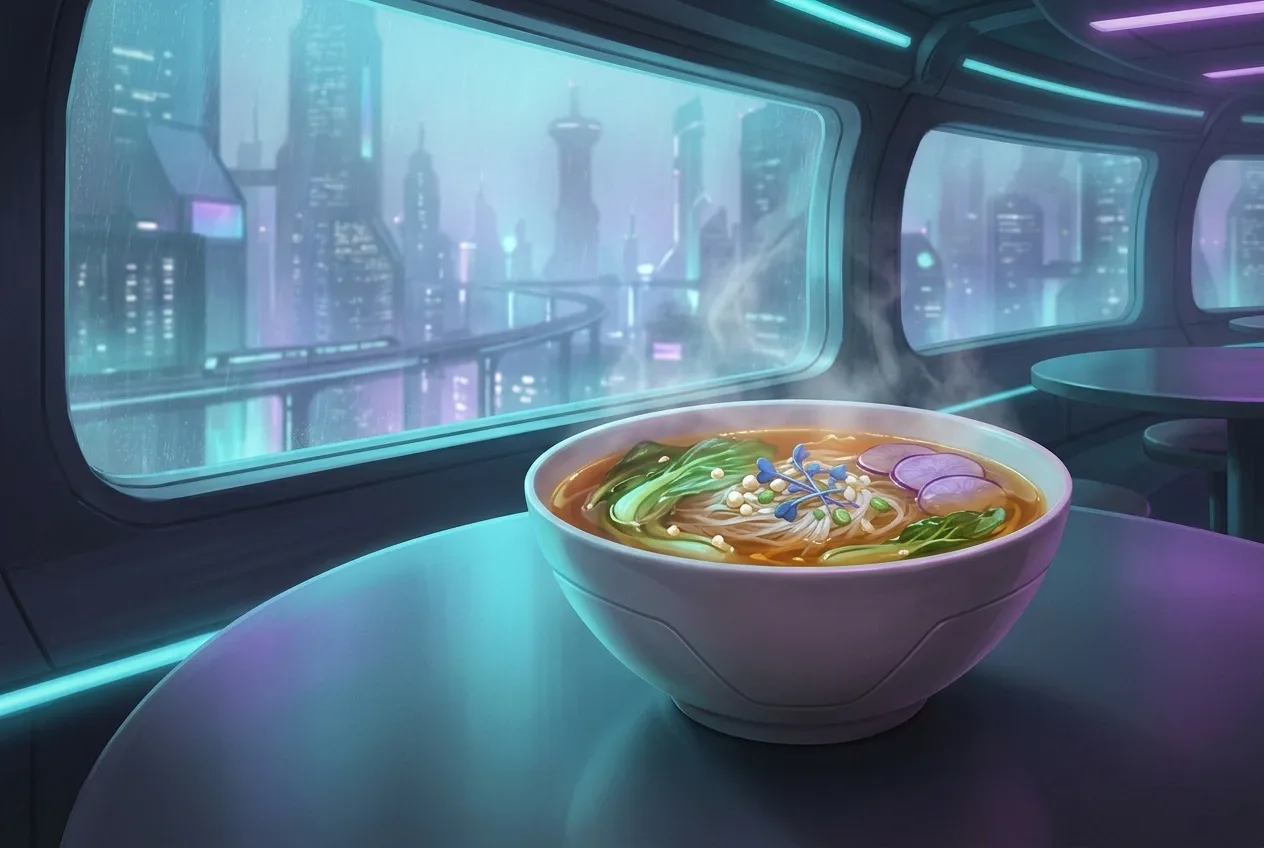 Steaming hydroponic noodle bowl with luminous vegetables and amber broth on a graphite table inside a futuristic orbital café overlooking a rainy neon city.