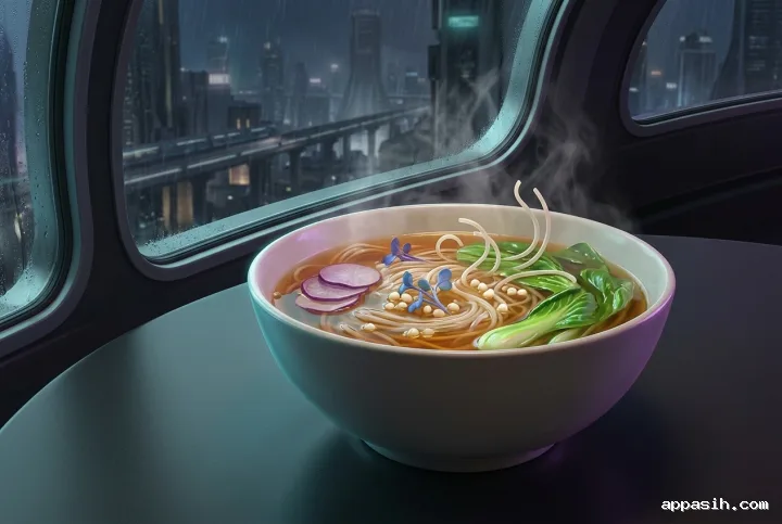 Closer sci-fi concept art view of a steaming hydroponic noodle bowl with translucent noodles and glowing vegetables inside the same rainy futuristic orbital café.